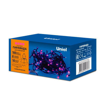 Гирлянда светодиодная ULD-S1000-100/DGA PINK IP20 10м 100 сд розовый свет провод зеленый ТМ Uniel