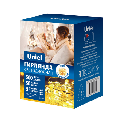 Гирлянда светодиодная "Роса" ULD-S5000-500/DTA/RC WARM WHITE IP44 DEW 50м 500д теплый белый свет пульт ДУ (в/к) провод прозрачный ТМ Uniel