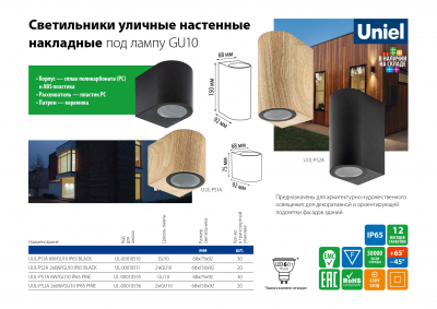Светильник уличный UUL-P52A 2х6W-GU10 IP65 BLACK под две лампы GU10 архитектурный накладной корпус черный TM Uniel