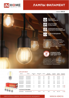 Лампа светодиодная LED-ШАР-deco 7Вт 230В  Е27 3000К 630Лм прозрачная IN HOME