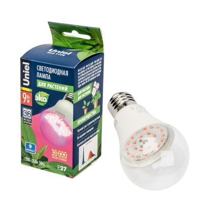 Фитолампа светодиодная LED-A60-9W/SP/E27/CL спектр для рассады и цветения Uniel