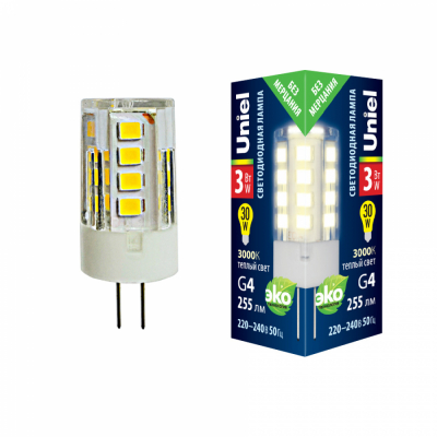 Лампа светодиодная LED-JC-220/3W/G4/CL 3000К прозрачная Uniel 4690485129219