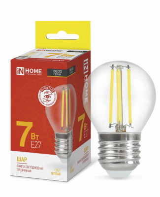 Лампа светодиодная LED-ШАР-deco 7Вт 230В  Е27 3000К 630Лм прозрачная IN HOME