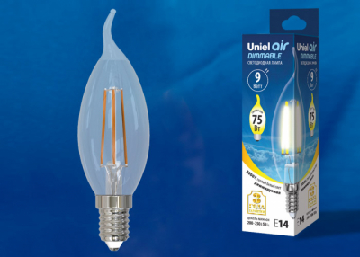 Лампа светодиодная диммируемая LED-CW35-9W/3000K/E14/CL/DIM GLA01TR свеча на ветру прозр Air 3000К