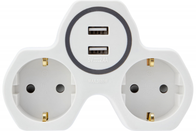 Двойник электрический REXANT 16 А с заземлением и защитными шторками + 2 USB порта, 2,4 А, белый