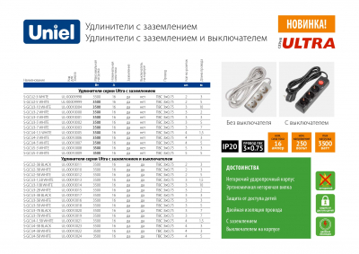 Удлинитель S-GCU5-5 WHITE серии Ultra шнур 5м 5 гнезд 16A с/з белый TM Uniel