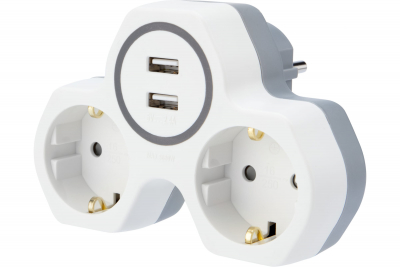 Двойник электрический REXANT 16 А с заземлением и защитными шторками + 2 USB порта, 2,4 А, белый