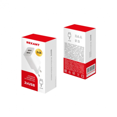 Сетевое зарядное устройство REXANT 2 x USB, 5V, 2.4 A, белое