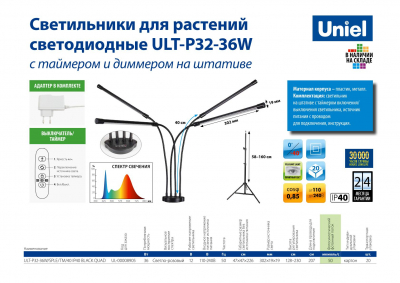 Светильник для растений ULT-P32-36W/SPLE/TM/40 IP40 BLACK QUAD Uniel